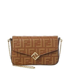 Fendi Ff Diamonds Leather Wallet On Chain, Beige